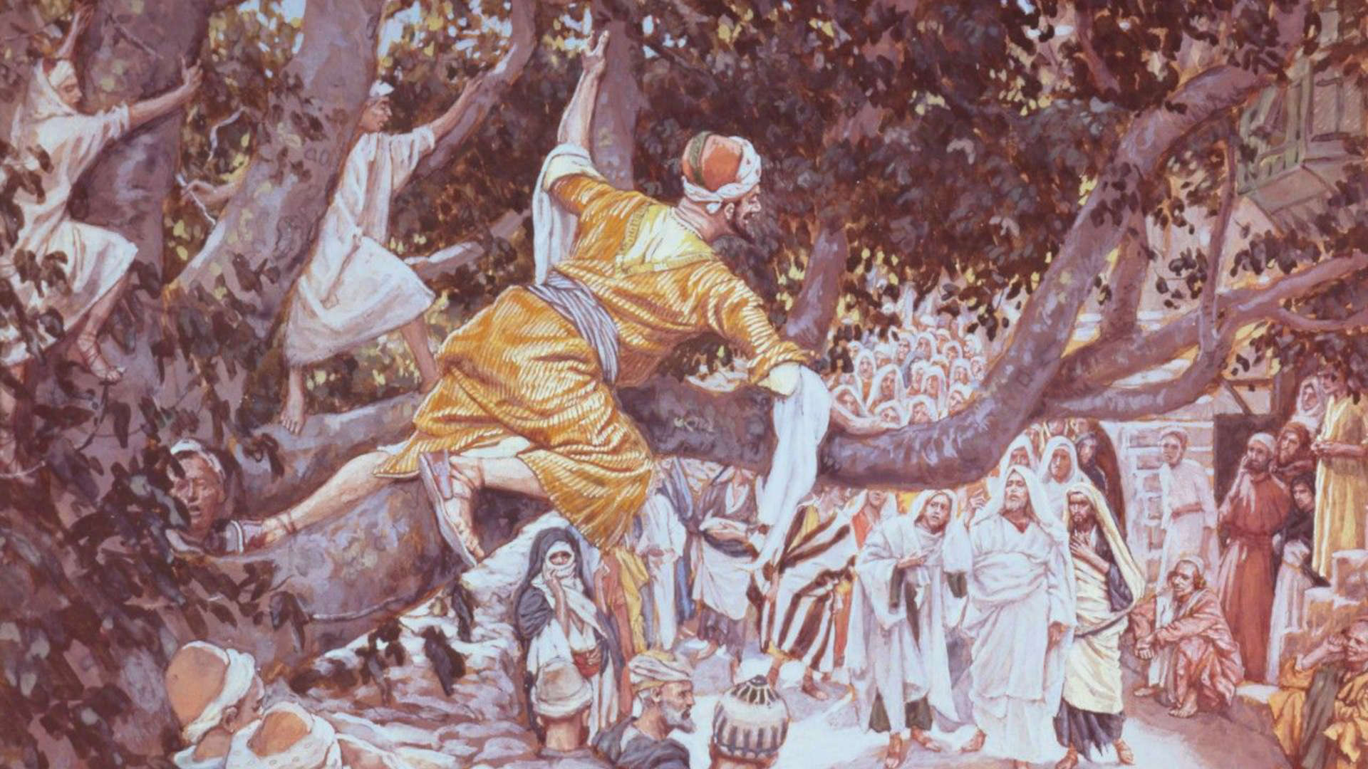 James Tissot's painting, "Zacchaeus in the Sycamore Tree," depicting Jesus calling up to a man looking at him and holding himself up in the branches of a tree
