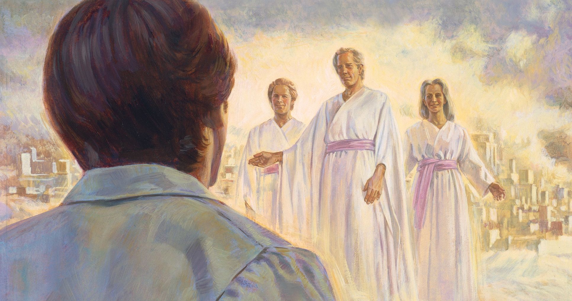 Joseph sees his father, mother, and brother in the celestial kingdom. Joseph Smith’s Vision of the Celestial Kingdom, by Robert T. Barrett. Image via Church of Jesus Christ.