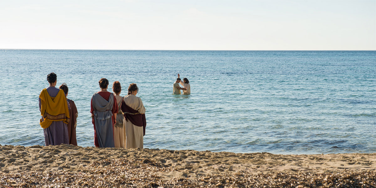 In a vision, Peter baptizes a Gentile. Image via Gospel Media Library.