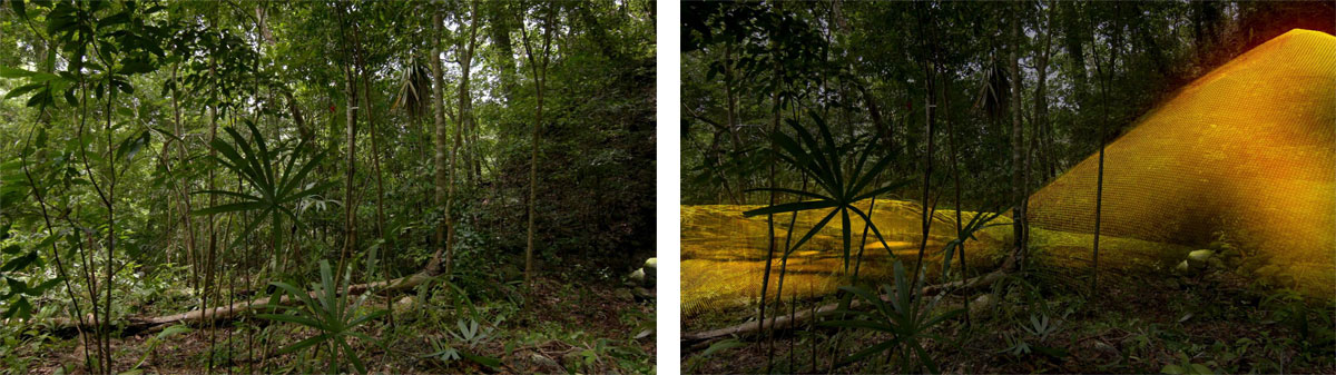 Left: Guatemalan jungle; Right: 3D image of Mayan ruin lying beneath the jungle. Image via National Geographic.