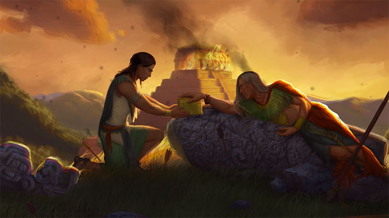 Moroni greets a dying Mormon after the final Nephite battles. Artwork by Katie Payne.