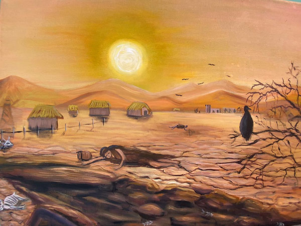 The famine in the book of Helaman. "El Señor hiere la tierra a causa de la iniquidad" by Maria Vargas, submitted to the 2020 Book of Mormon Central Art Contest.