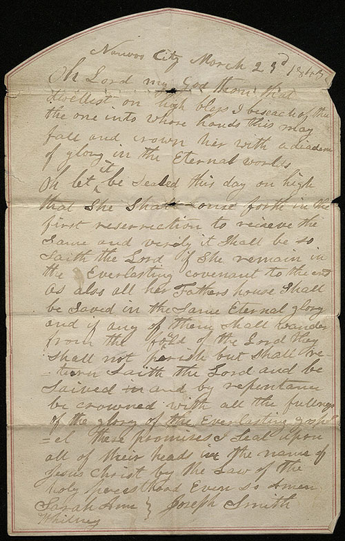 Blessing to Sarah Ann Whitney in the handwriting of Joseph Smith.