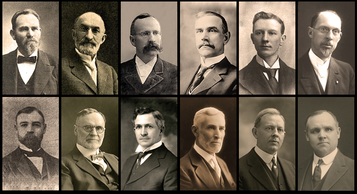 Quorum of the Twelve in 1916: Francis M. Lyman, Heber J. Grant, Rudger Clawson, Reed Smoot, Hyrum M. Smith, George Albert Smith, George F. Richards, Orson F. Whitney, David O. McKay, Anthony W. Ivins, Joseph Fielding Smith, and James E. Talmage