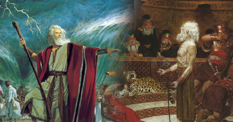 Moses Parting the Red Sea by Robert T. Barrett and Abinadi Before King Noah by Arnold Friberg.