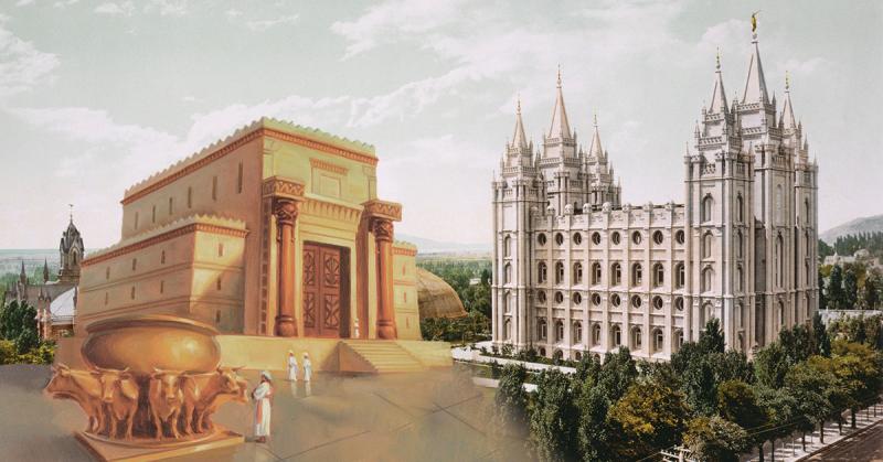 Temple of Solomon via ChurchofJesusChrist.org. Photograph of Salt Lake City Temple via Wikimedia Commons.