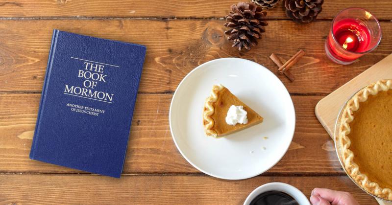Photo of Book of Mormon and Thanksgiving. Image via Book of Mormon Central and Pixabay.
