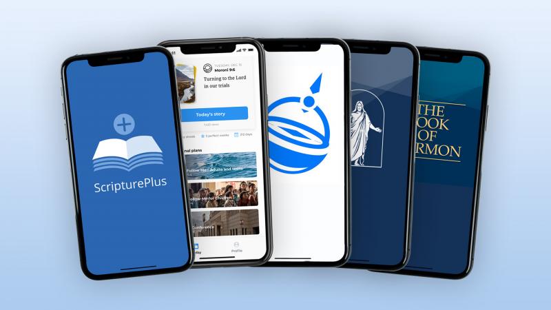 From left to right: The ScripturPlus app, Come Follow Me app, Gospel Learning app, Gospel Library app, Book of Mormon app.