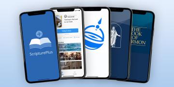 From left to right: The ScripturPlus app, Come Follow Me app, Gospel Learning app, Gospel Library app, Book of Mormon app.